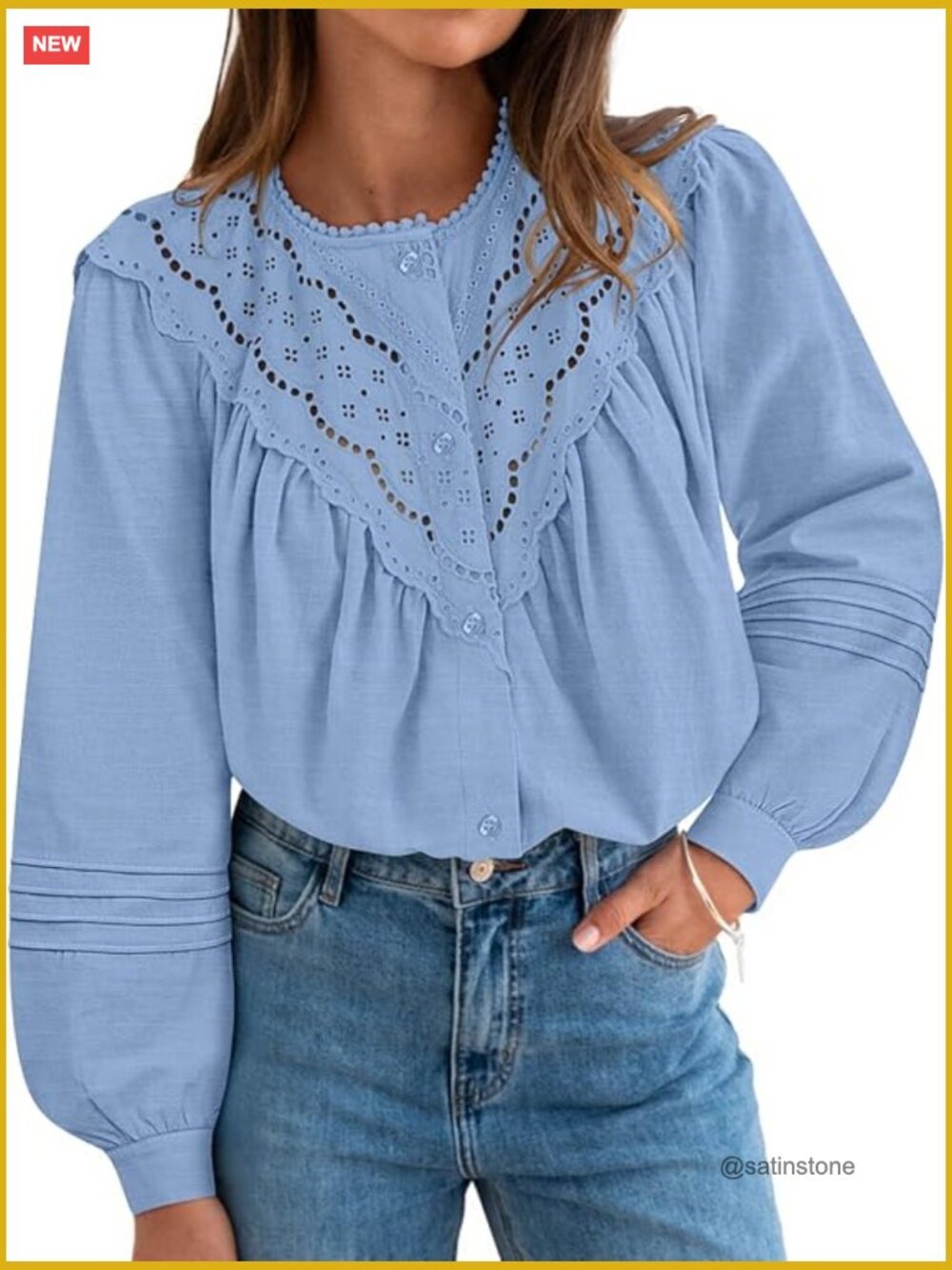 Lace Crochet Button Down Long Puff Sleeve Babydoll Top Blouse Boho - Picture 1 of 7